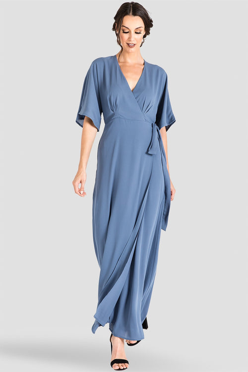 Women's Slate Blue Chiffon Kimono Wrap Maxi Dress