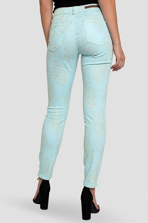 Women Robin's Egg Blue Metallic Floral Ankle Jeans