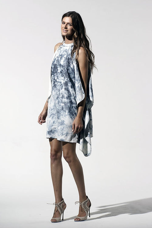 Women Blue Marbled Handkerchief Dress