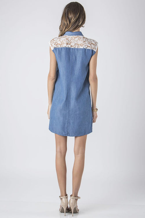 Women's Tencel Denim Sleveless Lace Dress