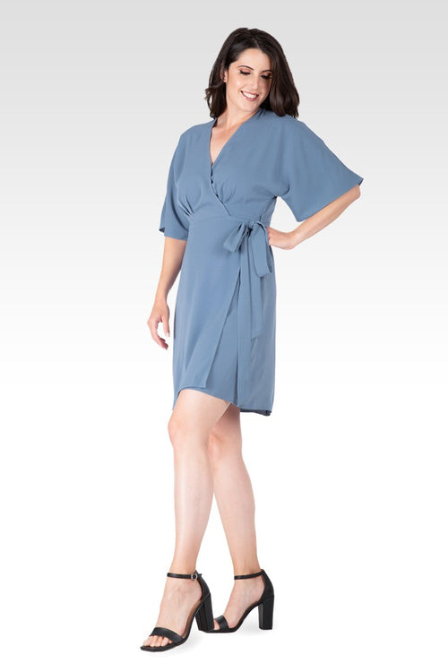 Candice Slate V-Neck Kimono Wrap Blue Midi Dress
