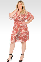 Candice Plus Size Brick Pink Floral Print V-Neck Knee Length Kimono Wrap Dress