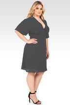 Plus Size Candice Smoke Grey V-Neck Kimono Wrap Midi Dress