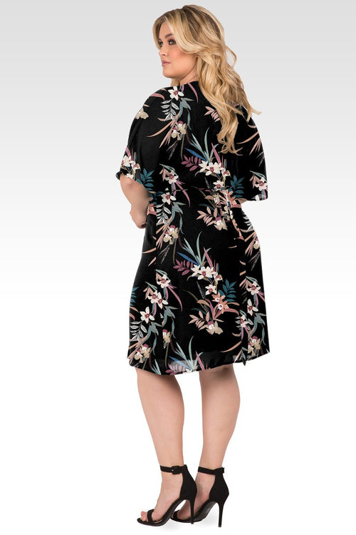 Candice Plus Size Black Tropical Floral Print V-Neck Knee Length Kimono Wrap Dress