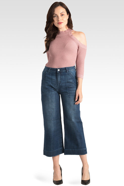 Aline Stretch Woven Eastside Midrise Denim Gauchos W Pork Chop Pockets