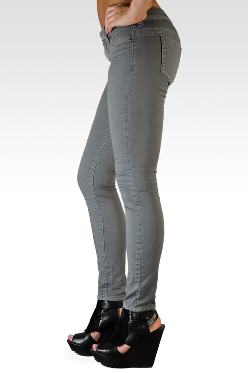 Steel Gray Stretch Premium Color Denim Faux Front Skinny Jeans