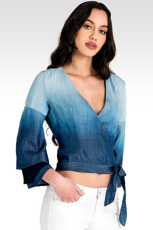 Lily Tiered Bell Sleeve Ombre Tencel Denim Wrap Crop Top