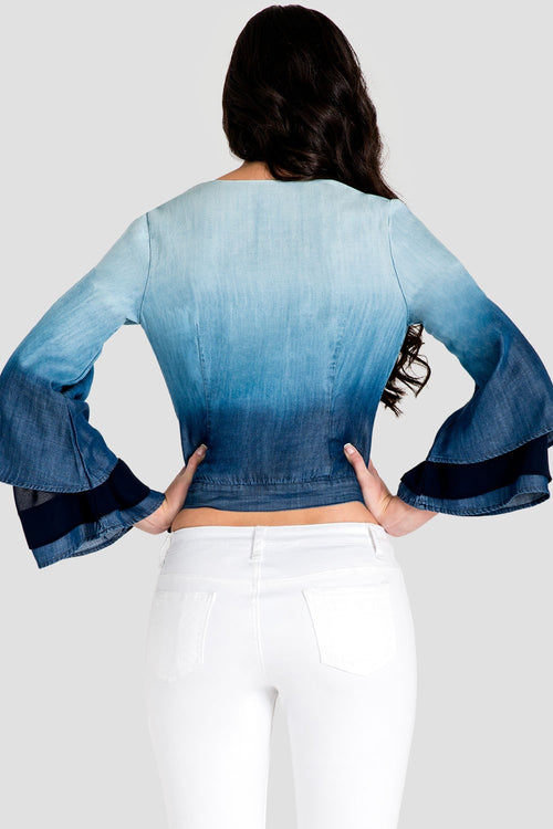 Lily Tiered Bell Sleeve Ombre Tencel Denim Wrap Crop Top
