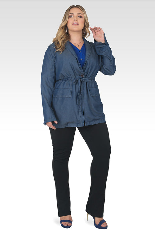 Plus Size Adrienne Dark Wash Drawstring Tencel Denim Blazer-4