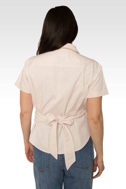 Iris Beige Short Sleeve Wrap Tie Tencel Blouse