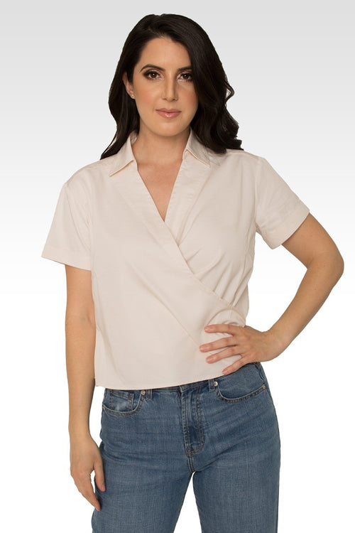 Iris Beige Short Sleeve Wrap Tie Tencel Blouse