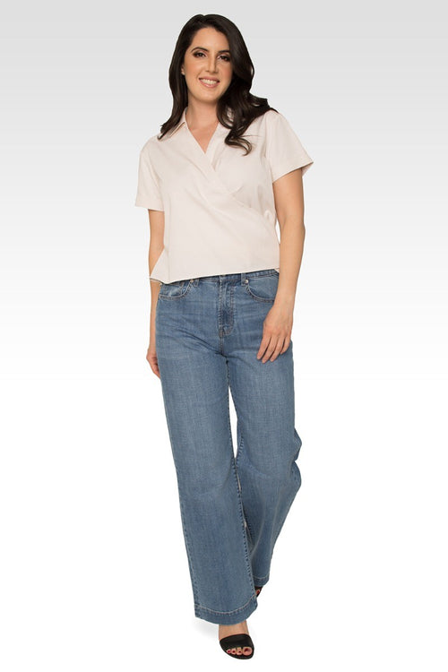 Iris Beige Short Sleeve Wrap Tie Tencel Blouse