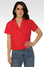 Iris Red Short Sleeve Wrap Tie Tencel Blouse