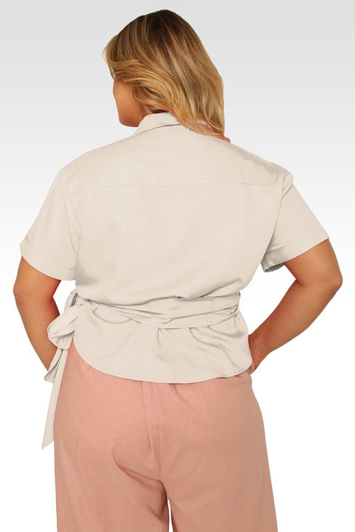 Iris Plus Size Beige Short Sleeve Wrap Tie Tencel Blouse
