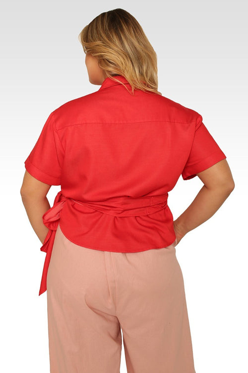 Iris Plus Size Red Short Sleeve Wrap Tie Tencel Blouse