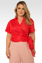 Iris Plus Size Red Short Sleeve Wrap Tie Tencel Blouse