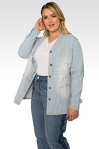 Marie Plus Size Pinstripe Denim Collarless Jacket