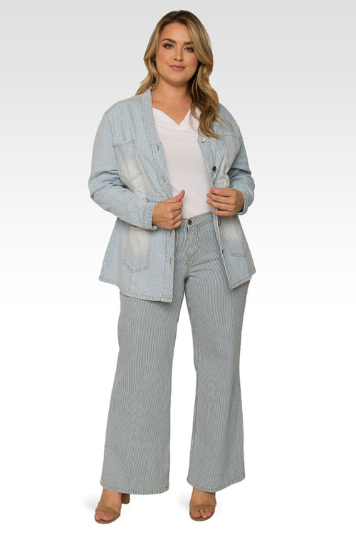 Marie Plus Size Pinstripe Denim Collarless Jacket
