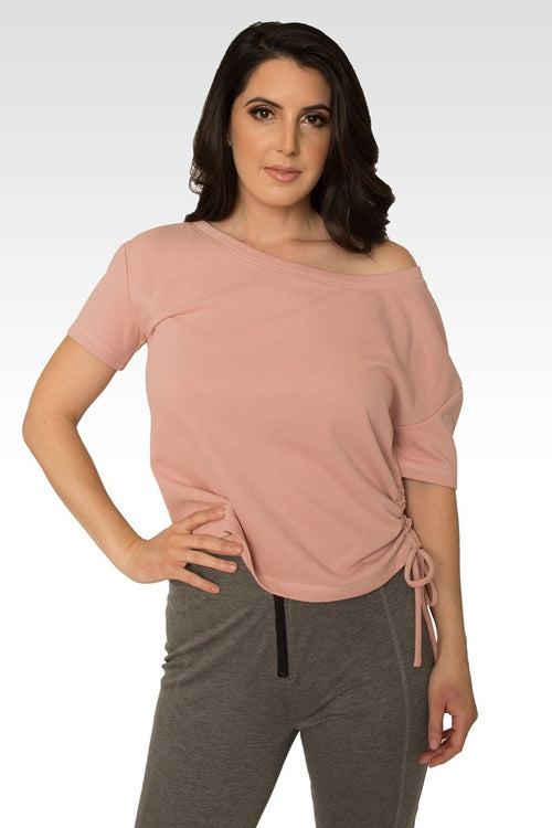 Nola Boat Neck French Terry Pal Pink Ruched Tee