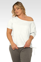 Nola Plus Size Boat Neck French Terry Cream Ruched Tee