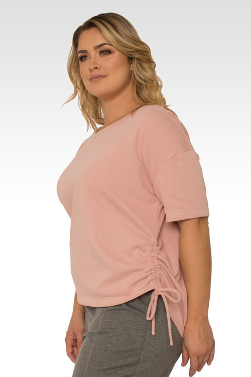 Nola Plus Size Boat Neck French Terry Pal Pink Ruched Tee