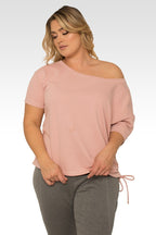 Nola Plus Size Boat Neck French Terry Pal Pink Ruched Tee