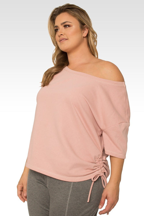 Nola Plus Size Boat Neck French Terry Pal Pink Ruched Tee
