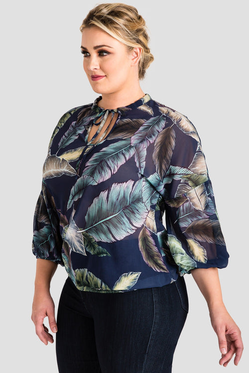 Plus Size Women's Tropical Leaf Print Chiffon Top w/ Neck Tie