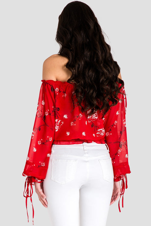 Marina Off Shoulder Tie Sleeve Red Blouse