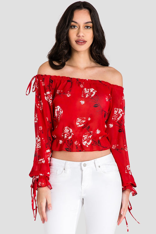 Marina Off Shoulder Tie Sleeve Red Blouse