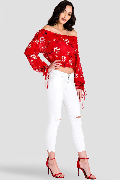 Marina Off Shoulder Tie Sleeve Red Blouse