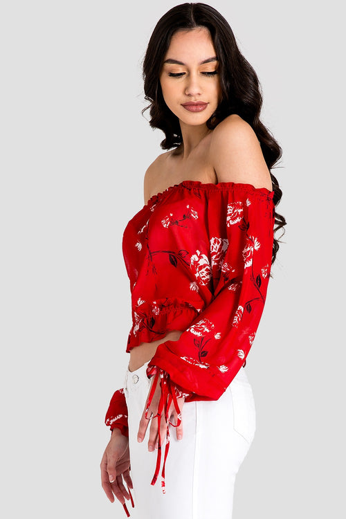 Marina Off Shoulder Tie Sleeve Red Blouse