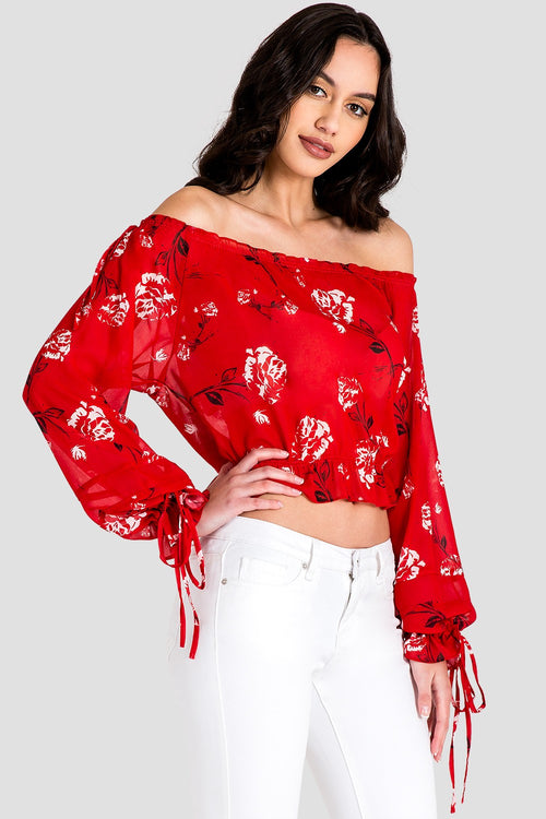 Marina Off Shoulder Tie Sleeve Red Blouse
