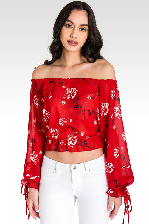 Marina Off Shoulder Tie Sleeve Red Blouse