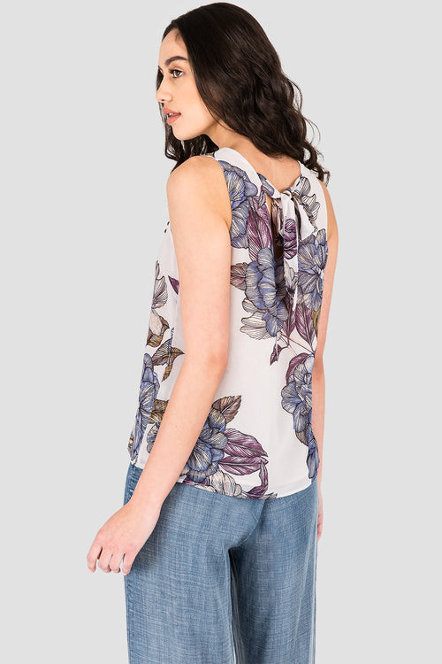 Standards & Practices Women's Gray Floral Print Chiffon Sleeveless Tie V-Back Top