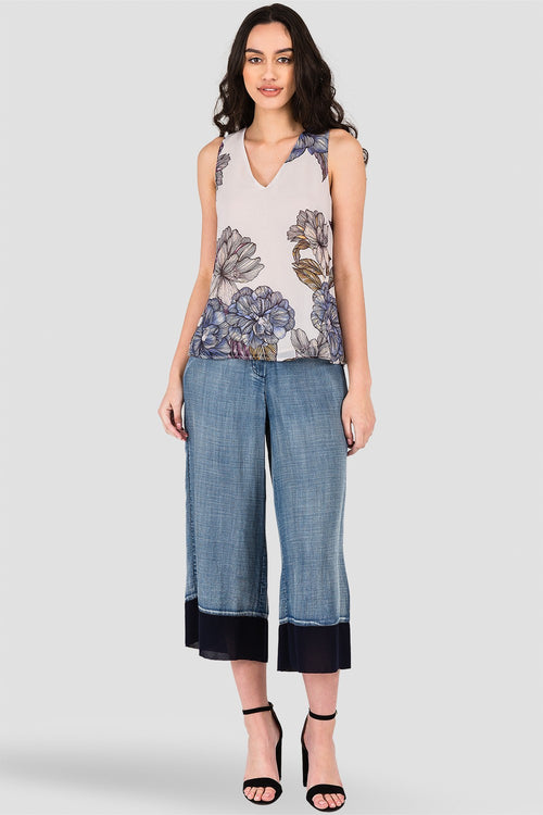 Standards & Practices Women's Gray Floral Print Chiffon Sleeveless Tie V-Back Top