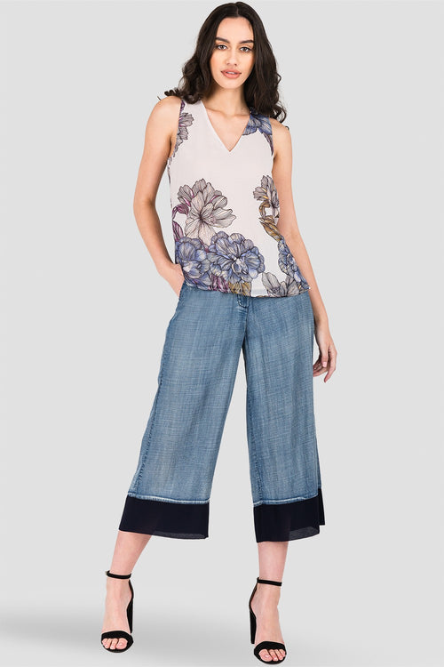 Standards & Practices Women's Gray Floral Print Chiffon Sleeveless Tie V-Back Top