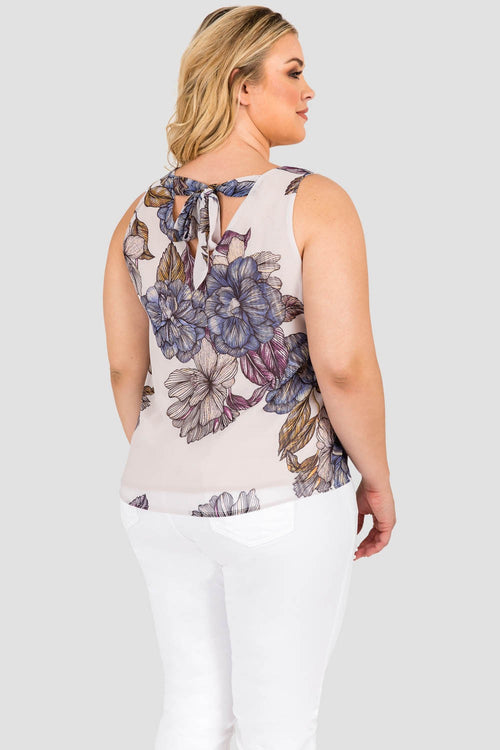 Curvy Women's Plus Size High Low Gray All Around Floral Print Chiffon Sleeveless Tie V-Back Top