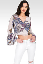 Women's Gray All Over Floral Print Chiffon Crossover Tiered Ruffle  Long Sleeve Blouse