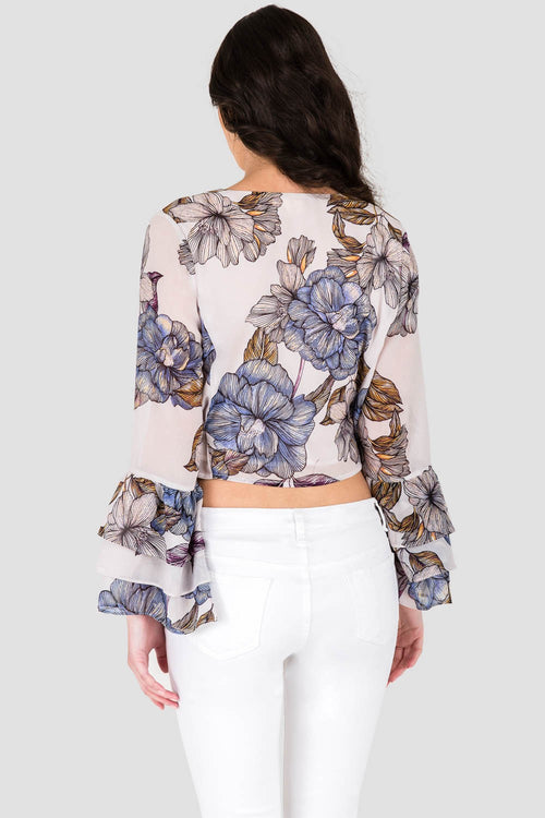 Standards & Practices Women's Gray Floral Print Chiffon Crossover Ruffle Sleeve Blouse