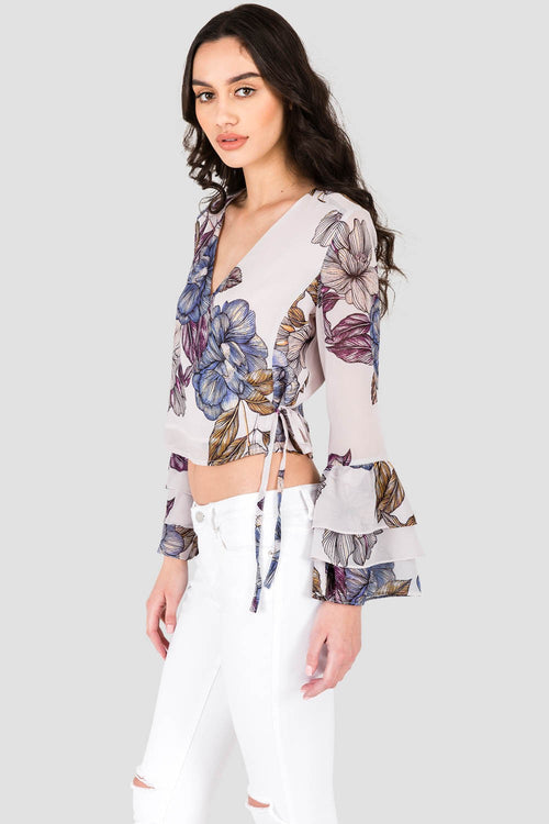 Women's Gray Floral Print Chiffon Crossover Cropped Tiered Ruffle Sleeve Blouse