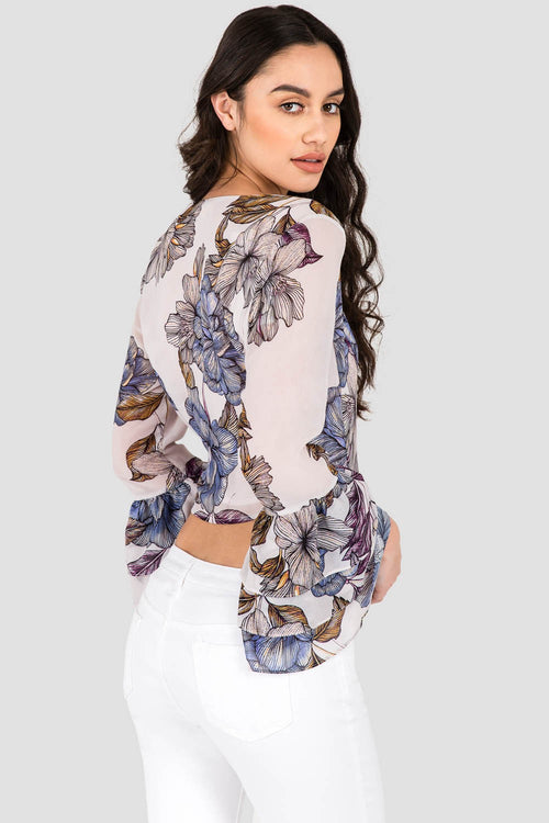 Women's Gray All Over Floral Print Chiffon Crossover Tiered Ruffle  Long Sleeve Blouse