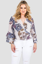 Standards & Practices Curvy Women's Plus Size Gray All Around Floral Print Chiffon Crossover Ruffle Sleeve Blouse