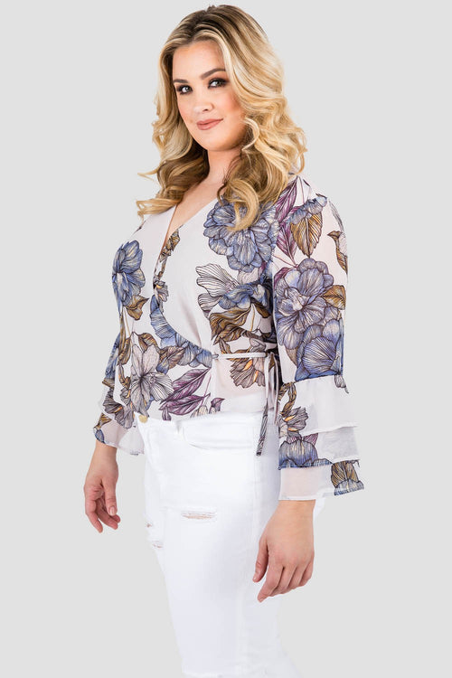 Curvy Women's Plus Size Gray Floral Print Chiffon Wrap Over Ruffle Two Tiered Sleeve Blouse