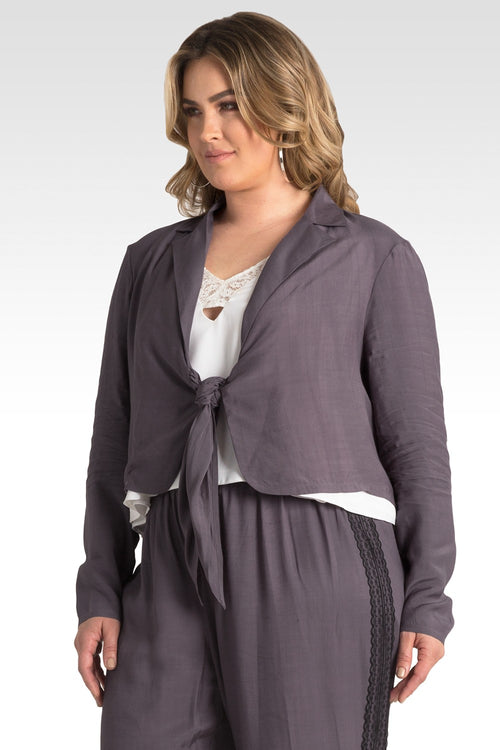 Plus Size Solid Rayon Tie Front Cropped Blazer