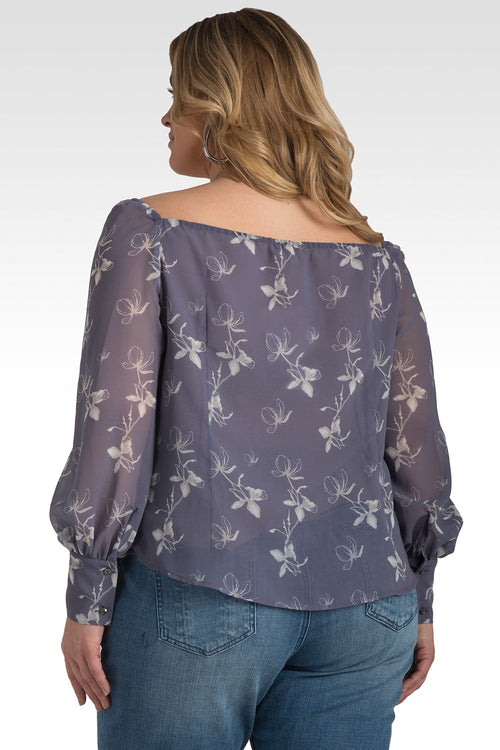Plus Size Floral Print Long Sleeve Button Down Off-The-Shoulder Blouse
