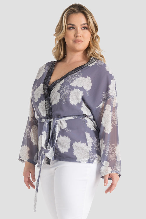plus size belted violet gray kimono top with lace trim