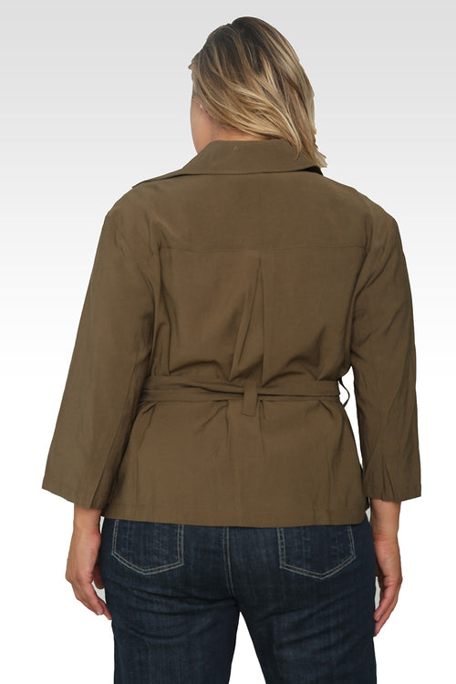 Plus Size Vanessa Cropped Quarter Sleeve Wrap Trench Jacket - Olive Green-2