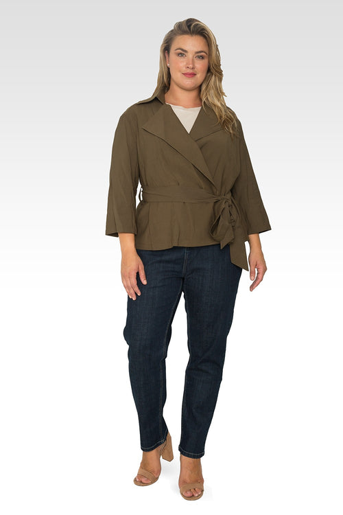 Plus Size Vanessa Cropped Quarter Sleeve Wrap Trench Jacket - Olive Green-3