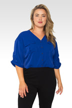 Plus Size Lola V-Neck Rolled 3/4 Sleeve Utility Top - Royal Blue-MAIN